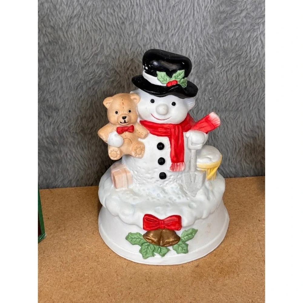 Vintage Flambro Porcelain Snowman w/ Bear Musical Music Box Frosty The Snowman